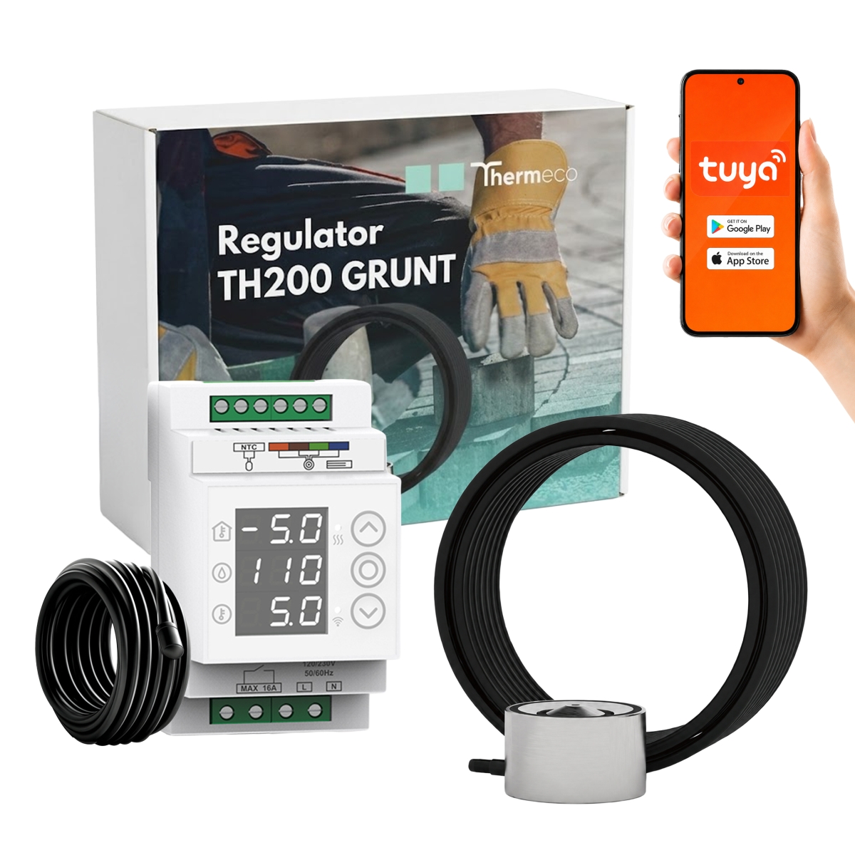 Komplet regulator temperatury TH200 WiFi i czujnik GRUNTOWY, wilgotności i temperatury