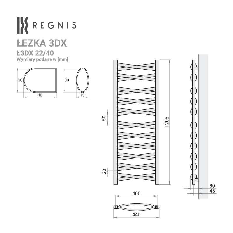 Grzejnik łazienkowy Łezka 3DX 1205x440 mm - czarny - obrazek 3