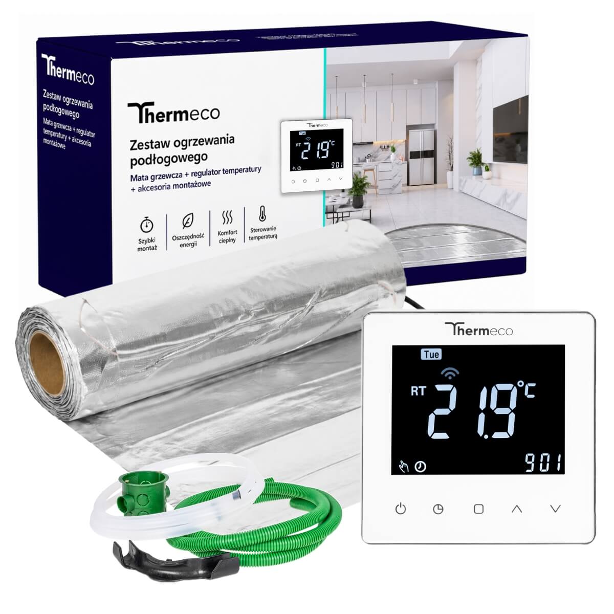 Zestaw ogrzewania pod panele Thermeco 5m2 + regulator programowalny H10 WiFi-H10 Biały