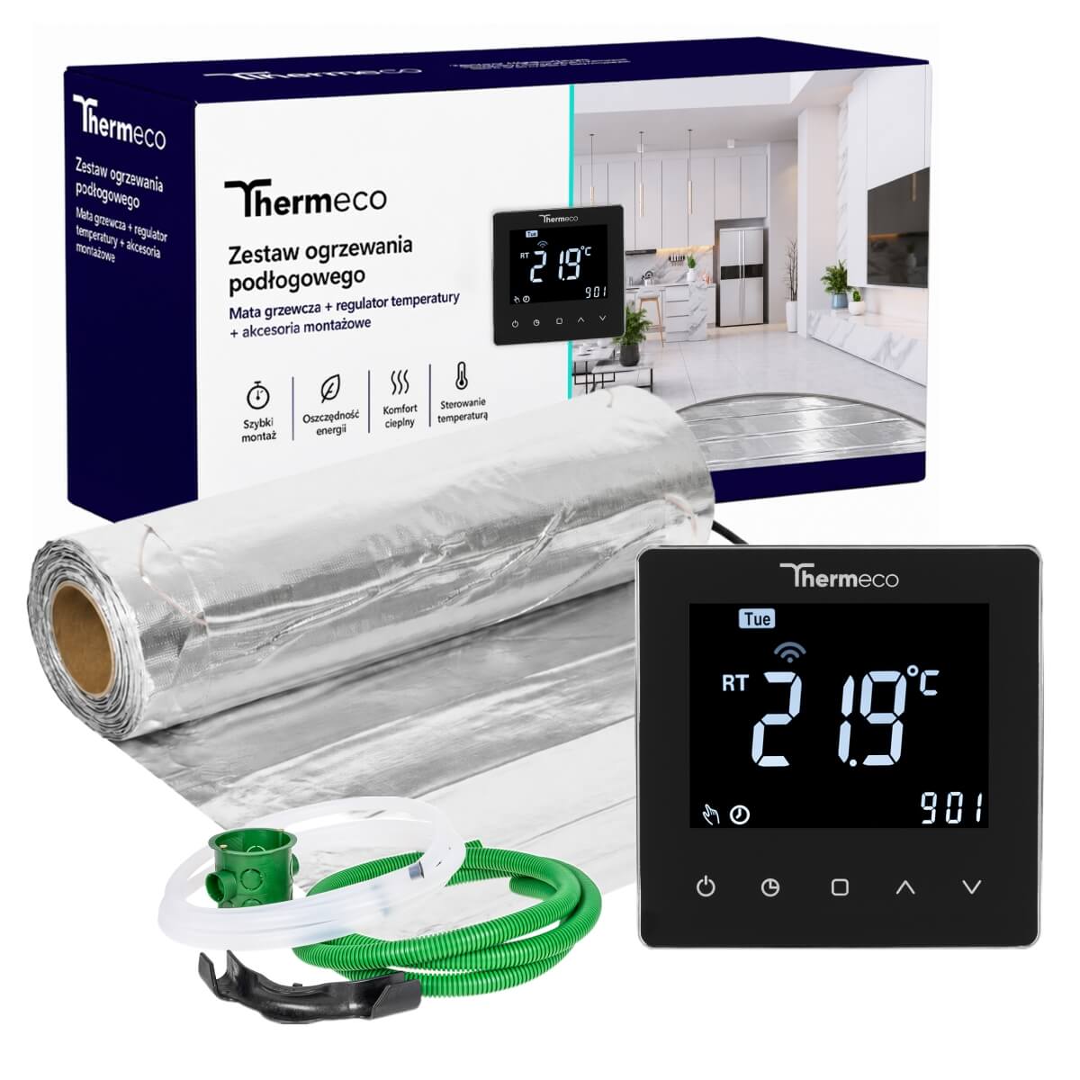 Zestaw ogrzewania pod panele Thermeco 12m2 + regulator programowalny H10 WiFi-H10 Czarny