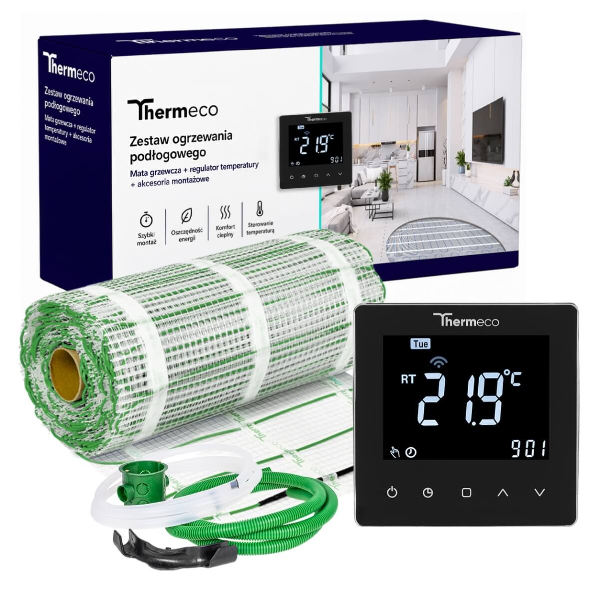 Zestaw ogrzewania podłogowego ECO 2,5m2 + regulator programowalny H10 WiFi-H10 Czarny