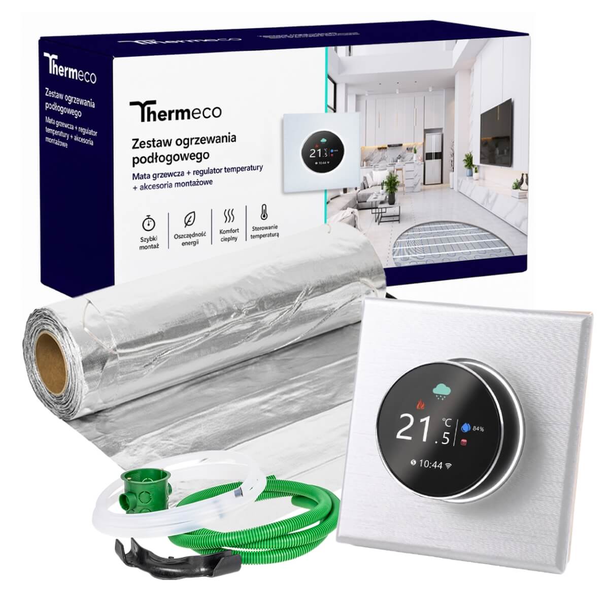Zestaw ogrzewania pod panele Thermeco 6m2 + regulator programowalny H20 WiFi-H20 Biały