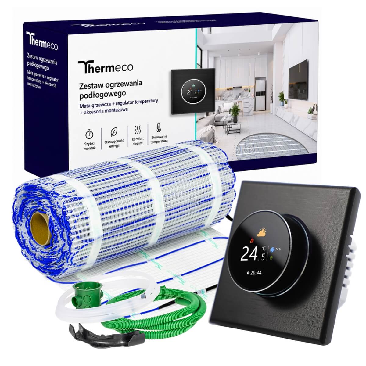 Zestaw ogrzewania podłogowego 5m2 + regulator programowalny H20 WiFi-H20 Czarny