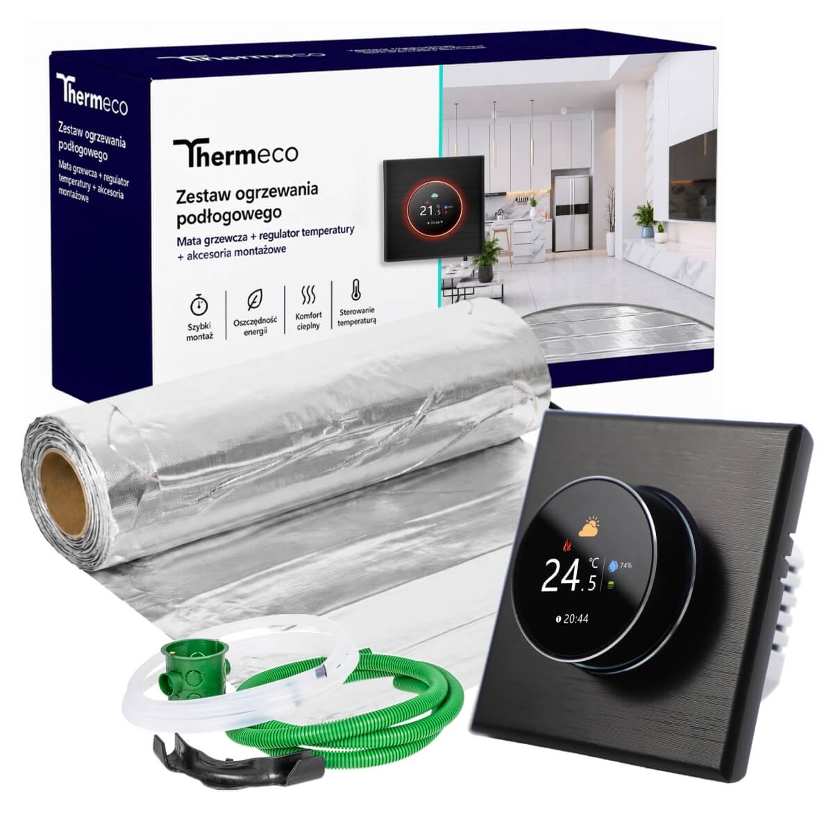 Zestaw ogrzewania pod panele Thermeco 10m2 + regulator programowalny H20 WiFi-H20 Czarny