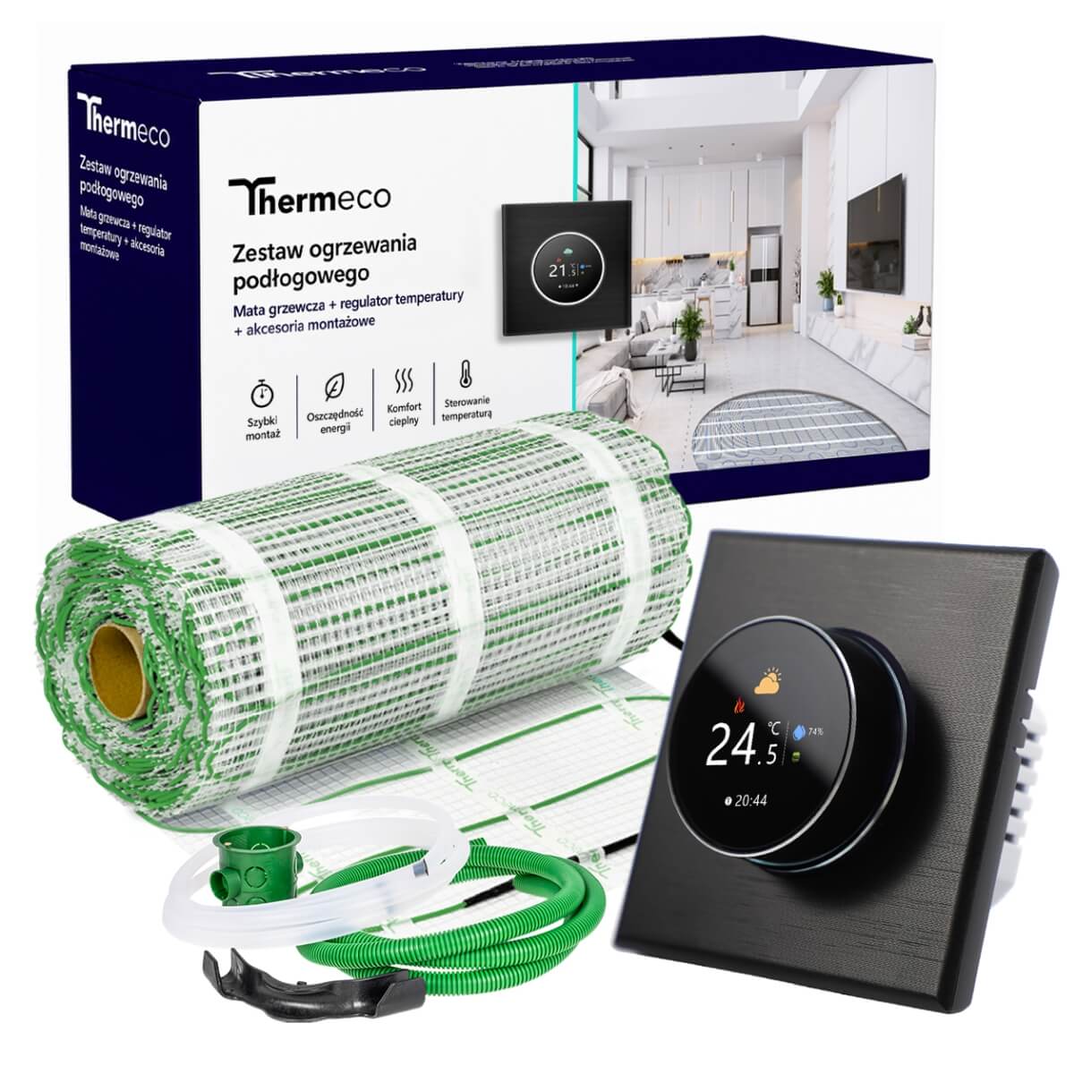 Zestaw ogrzewania podłogowego ECO 12m2 + regulator programowalny H20 WiFi-H20 Czarny