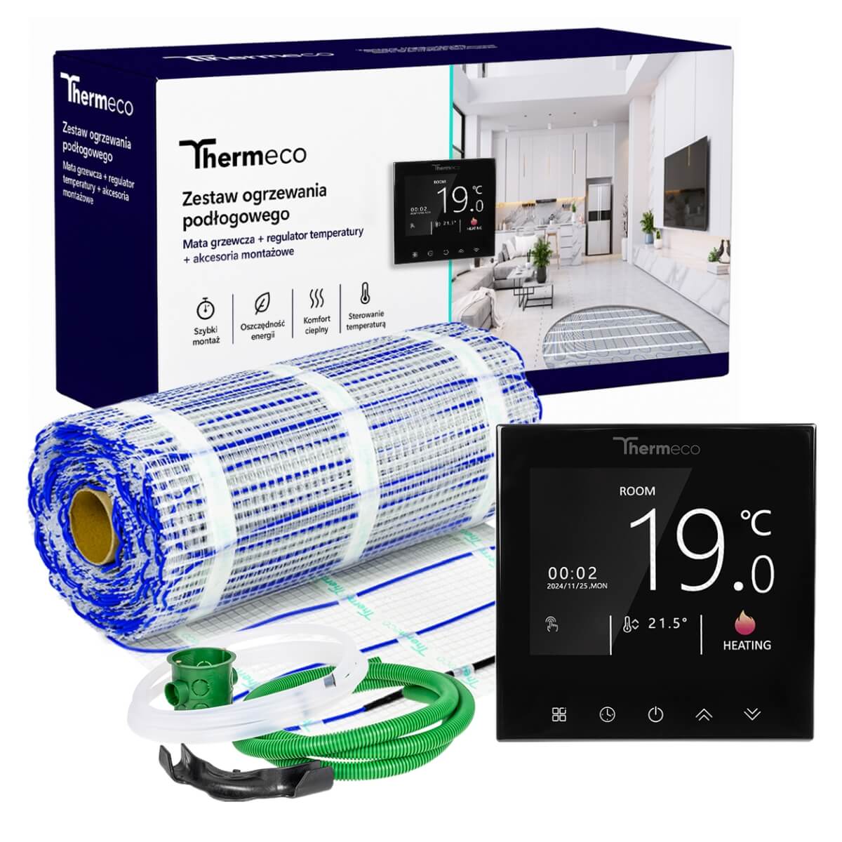 Mata grzewcza pod płytki 1m2 + termostat WiFi H21 Czarny